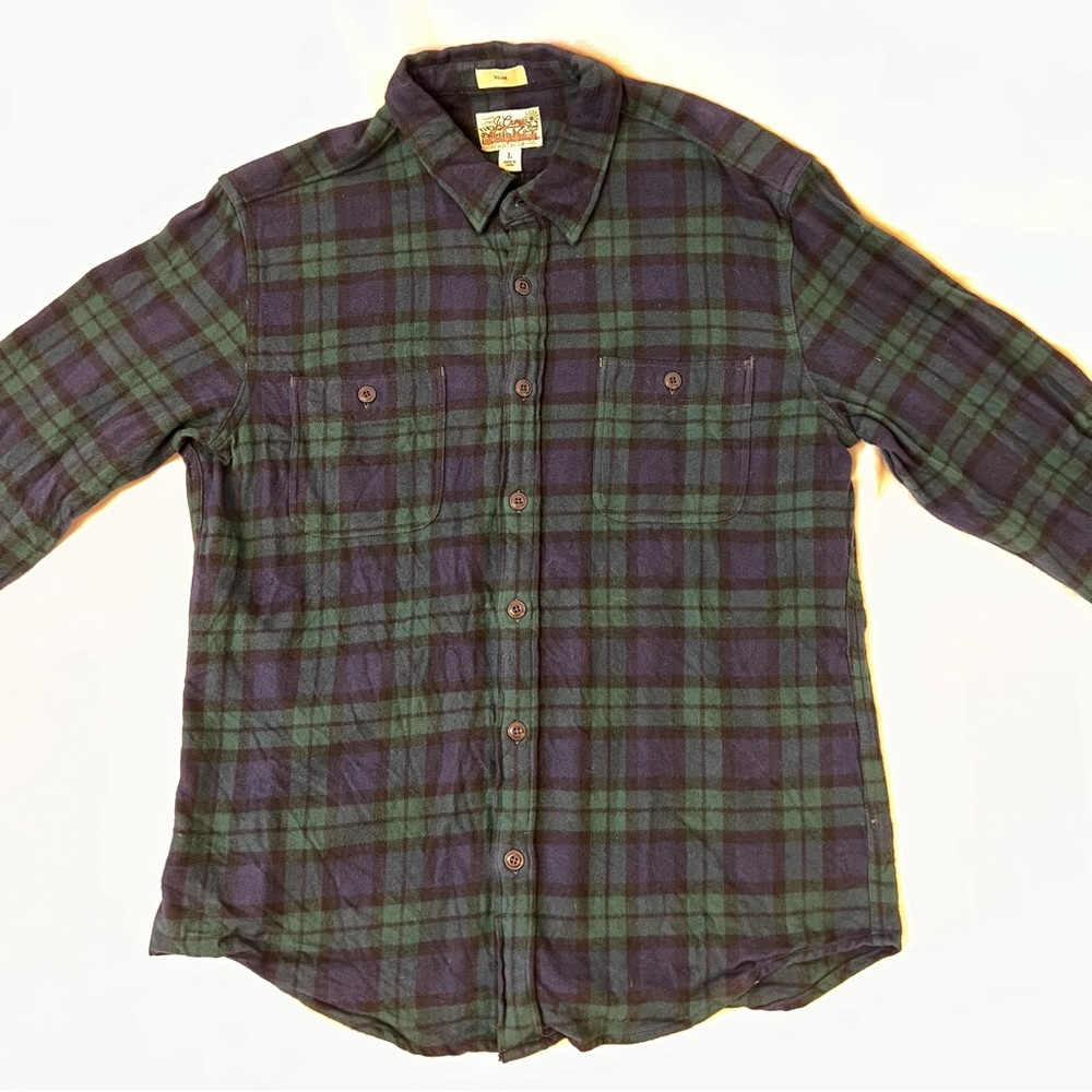J Crew Midweight Flannel Men’s Button Down Shirt - Large Slim Black Watch Plaid